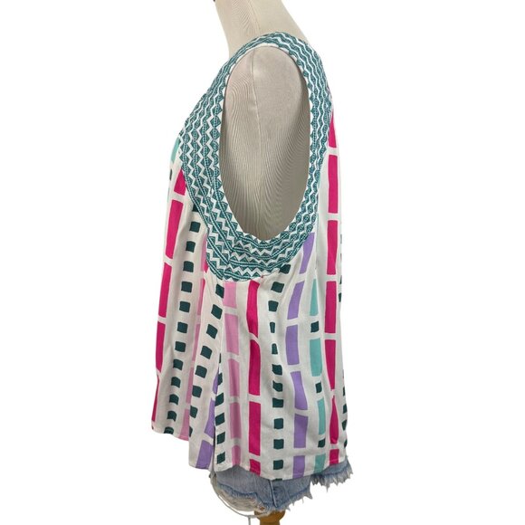 Savanna Jane Top Womens 2X Sleeveless Multicolor Geometric Print Top Embroidered - Picture 6 of 11